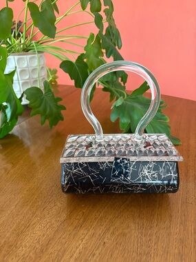 Gilli Originals NY Vintage Lucite Box Bag Black Confetti Handle Mini Handbag